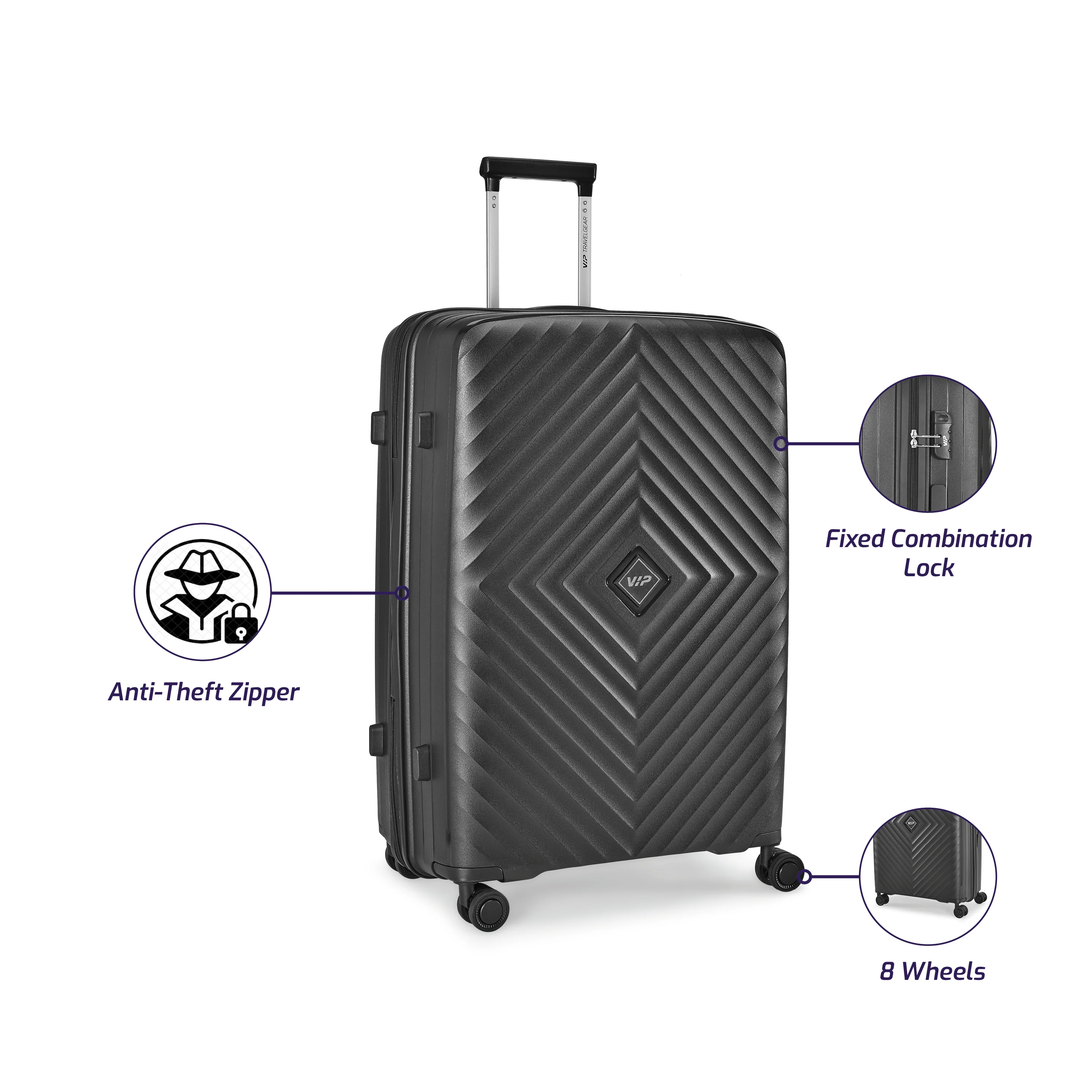 VIP Unisex Quad Hard Shell Spinner Wheels Luggage, BLACK, 30x51x76-L - Image 6